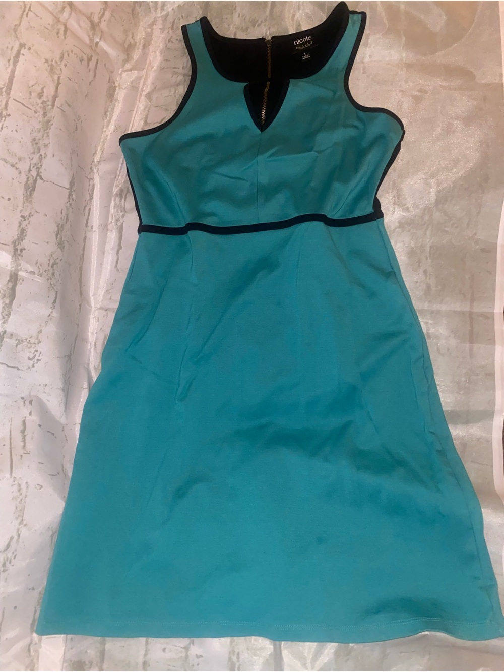 Nicole Teal Sleeveless Sheath Dress with Black Trim and Pockets